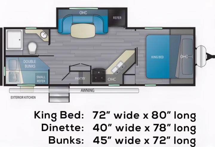 RV rental floor plan with king bed, dinette, bunks, kitchen, and bathroom layout. Dimensions included.. Heartland North Trail 2021