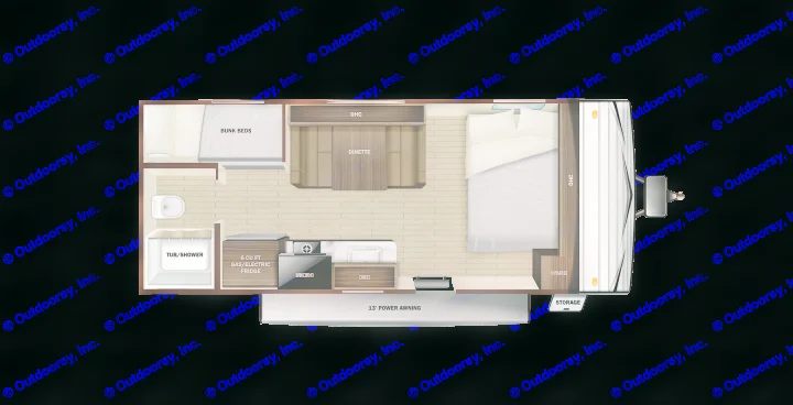 View an RV rental's interior layout: bunk beds, private bath, kitchen, dinette, & master bed with storage.. Open Range Open Range 2022