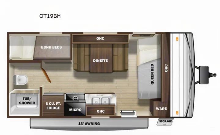 Detailed RV rental floor plan (OT19BH) with queen bed, bunk beds, dinette, kitchen, and bath layouts.. Highland Ridge RV Open Range 2020