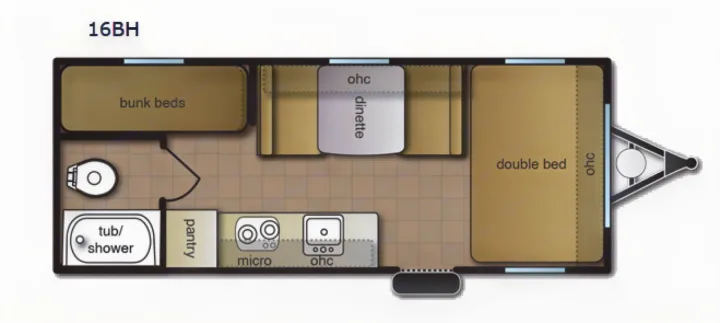 Detailed 16BH RV rental floor plan: bunk beds, double bed, dinette, kitchen, and bath, ideal for compact travel.. Pacific Coachworks Pacifica XL 2020
