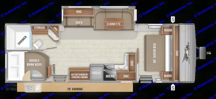 This RV rental floor plan shows an 80" queen bed, double bunk beds, full kitchen, bathroom, sofa, and U-dinette.. Jayco Jay Flight 2020