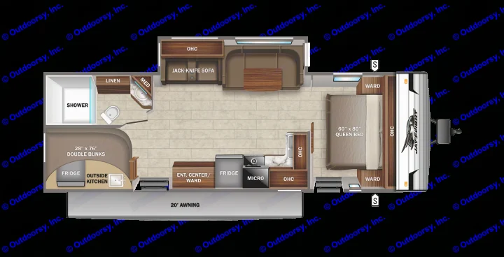 RV rental floor plan: Spacious travel trailer with queen bed, bunk beds, kitchen, bath, dinette, and outside kitchen.. Jayco JayFlight 28BHS TT 2022