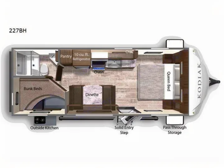 Kodiak 227BH RV rental floor plan: queen bed, bunk beds, dinette, kitchen, bath, outside kitchen & storage.. Dutchmen Kodiak Ultra Lite 2021