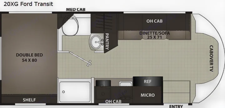 Floor plan of a 20XG Ford Transit RV rental, showing the interior layout with double bed, dinette, kitchen, and bath.. Forest River Coachmen Cross Trail XL 2022