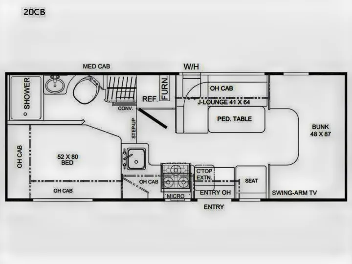 RV rental floor plan: layout with bed, bunk, J-lounge, kitchen, and bath.. Forest River Coachmen Cross Trail XL 2022