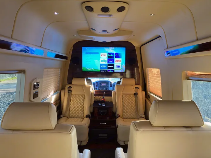Experience comfort in this luxury RV rental, featuring plush captain's chairs and a large Roku entertainment system.. Mercedes-Benz Sprinter 2016