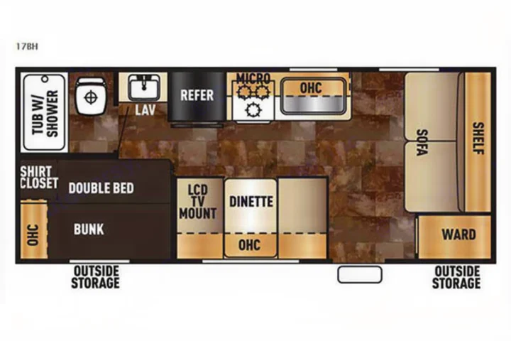 RV rental 17BH floor plan: See the interior layout with sleeping, kitchen, bath, and dining areas, plus storage.. Forest River Cherokee 2015