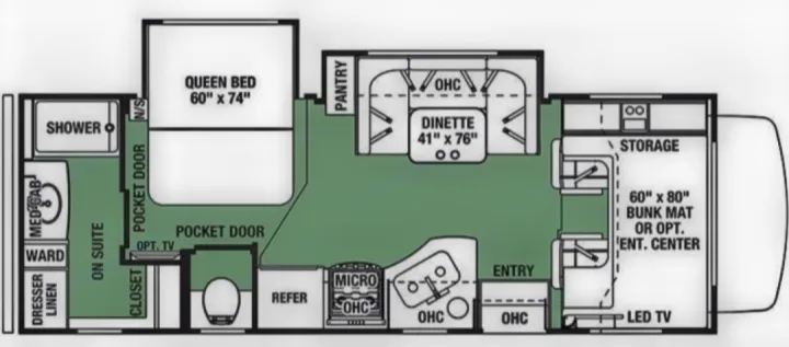 This RV rental floor plan shows the interior layout, featuring a queen bed, dinette, kitchen, and bathroom with shower.. Forest River Other 2018