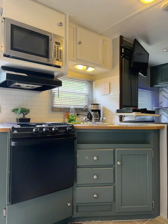 Modern RV rental kitchen showcasing a microwave, stove, sink, wood countertop, and dark green cabinets with a TV.. Dutchmen Sport 2004