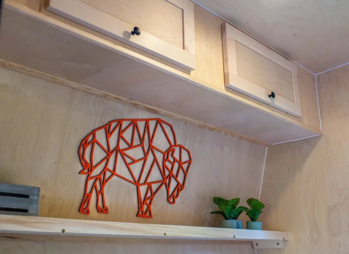 Stylish RV rental features: overhead cabinets, shelf, unique geometric buffalo wall decor, and potted plants.. Superior Lite Camper Deluxe 2022
