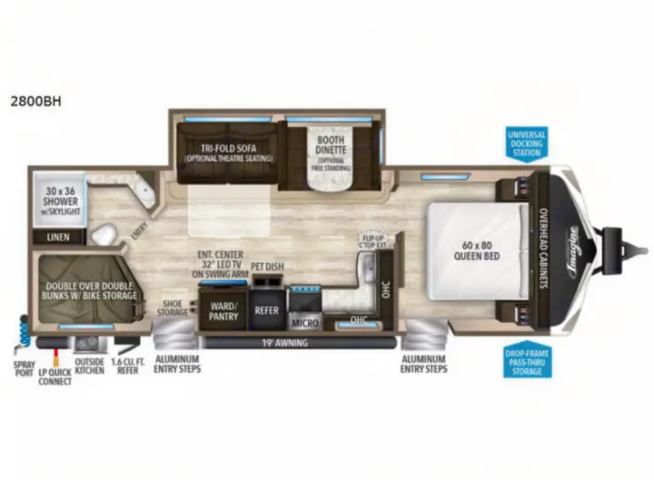 Detailed interior floor plan of an RV rental, highlighting a queen bed, bunks, kitchen, and living spaces.. Grand Design Imagine 2019