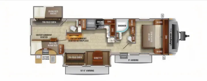 Jayco RV rental floor plan for a spacious travel trailer, detailing the interior layout with bunks, queen bed, kitchen, and awnings.. Jayco White Hawk 2022