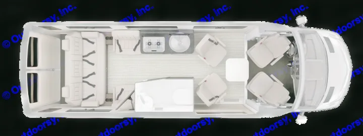 Overhead floor plan of an RV rental: features include front cabin, mid-section kitchen, dinette, bathroom, & rear lounge.. Airstream Interstate 2016