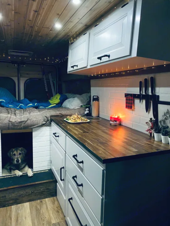 Experience van life in this RV rental! Features a cozy dog bed below the bunk, a functional kitchen, and warm lights.. Dodge Ram 1500 2020