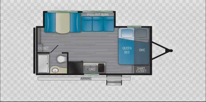 RV rental floor plan featuring a queen bed, pull-out bunk, bathroom, and kitchen area. See this efficient RV interior layout.. Heartland RVs Pioneer Trail Blazer 2022