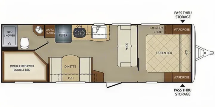 RV rental floor plan showing a queen bed, bunk beds, kitchen, dinette, sofa, and bathroom layout for easy touring.. Keystone Bullet 2017