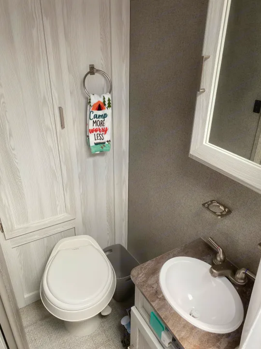 Inside an RV rental: a clean, compact bathroom with a sink, toilet, and modern light wood-grain cabinetry and mirror.. Forest River Rockwood 2020