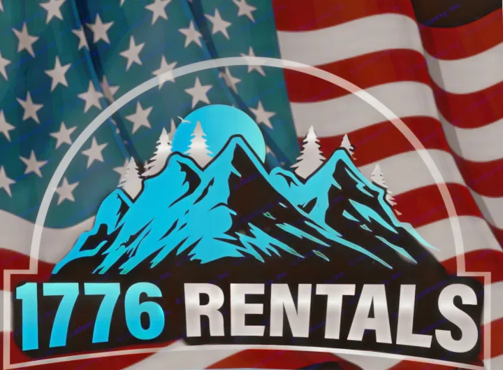 A vibrant logo for "1776 RENTALS" with blue mountains, pine trees, and a US flag background, offering RV rentals.. Keystone RV Bullet Ultra Lite 2022