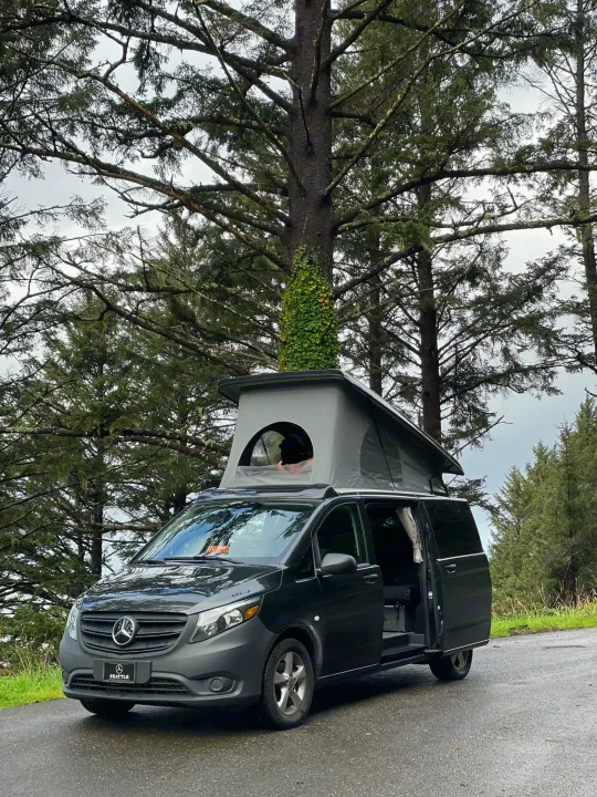 An RV rental: a dark Mercedes-Benz camper van with its pop-top roof open, parked by tall mossy trees on a wet road.. Mercedes-Benz Metris Weekender 2021