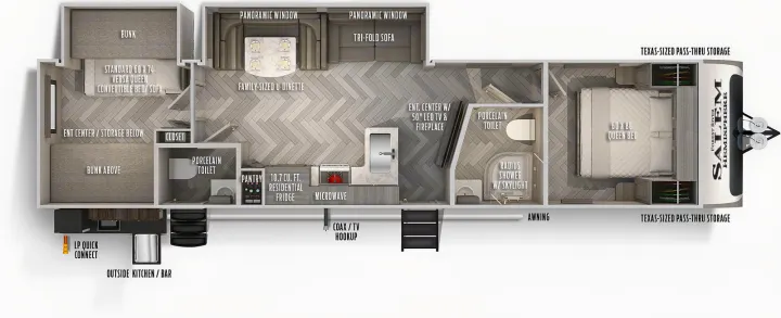 RV rental floor plan details a travel trailer with a queen bed, bunks, multiple living areas, a kitchen, and two bathrooms.. Forest River Salem Hemisphere 2020
