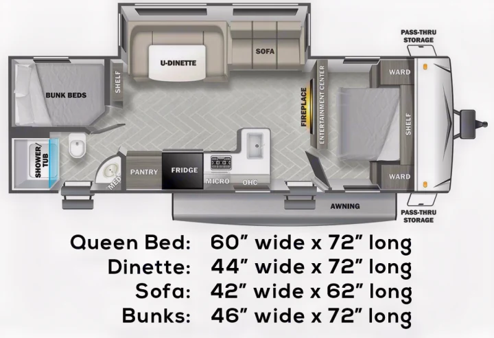 Detailed RV rental floor plan showcasing a spacious interior with queen bed, U-dinette, sofa, bunks, kitchen, bath, and dimensions.. Forest River Evo 2850 2019