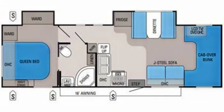 See this detailed RV rental floor plan with a queen bed, bunk, kitchen, dinette, and bath. Perfect for motorhome trips.. Jayco Greyhawk 2013