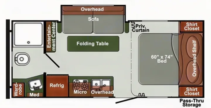 RV rental interior floor plan diagram: bedroom (60"x74" bed), kitchen, bath, sofa, and storage. Visualize your mobile home.. Gulf Stream 21QBS 2022