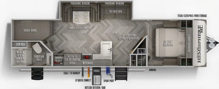 Salem Hemisphere HL travel trailer floor plan for rv rental, showing interior layout with queen bed, bunks, kitchen, and bath.. Forest River Salem Hemisphere HL 2021