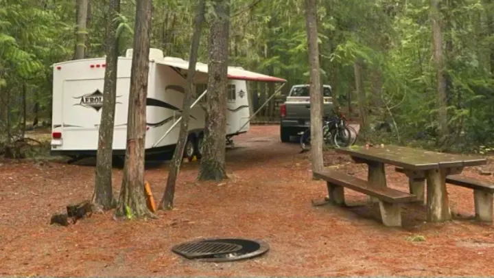 An RV rental parked at a tranquil forest campsite, featuring a travel trailer, truck, picnic table, and fire pit.. Aerolite Aerolite Trailer 2008