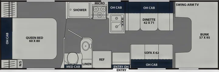 This RV rental floor plan shows a queen bed, shower, kitchen, dinette, sofa, and bunk for a spacious interior layout.. Coachmen Leprechaun 2021