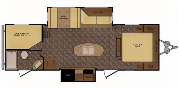RV rental floor plan for travel: Queen bed, bunk beds, kitchen, dinette, and full bath layout.. Crossroads RV Rezerve 2016