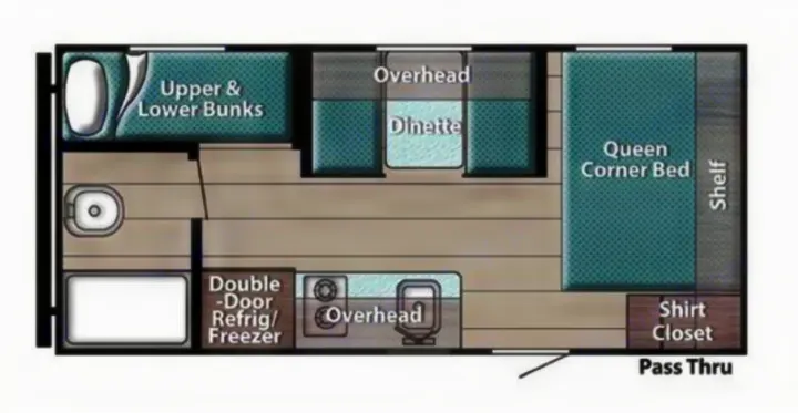 This detailed RV rental floor plan displays bunk beds, a queen bed, dinette, kitchen, and bath amenities for a comfortable journey.. Gulf Stream Ameri-Lite Super Lite 2021