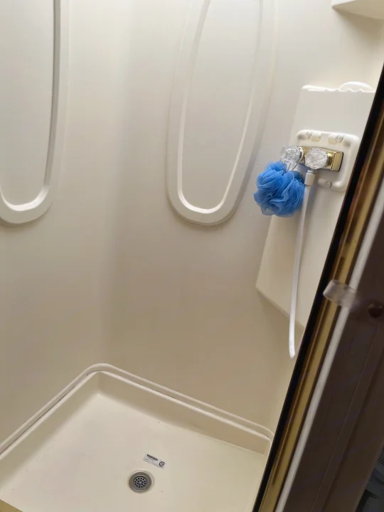 A compact, cream-colored shower, typical of an RV rental, featuring a blue loofah and visible drain.. Itasca Sundancer 2001