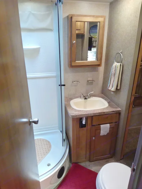 Interior of an RV rental bathroom, showing a compact shower with glass door, vanity with sink, mirror cabinet, and toilet.. Forest River Rockwood Ultra Lite 2018