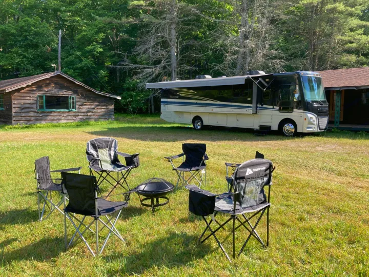 The Adventurer in its current location on Route 30 near Upper Saranac Lake. Easily drive to Tupper Lake, Saranac Lake, and Lake Placid. Close to Fish Creek, Deer Pond, Panther Mountain, and Mount Ampersand.. Winnebago Adventurer 2021