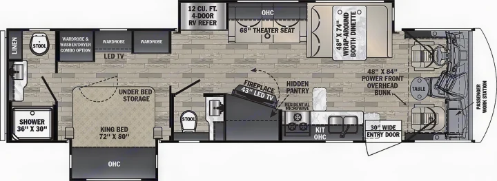 Detailed RV rental floor plan showing a king bed, full bath, kitchen, dinette, and theater seating for comfortable travel.. Forest River FR3 34DL 2020
