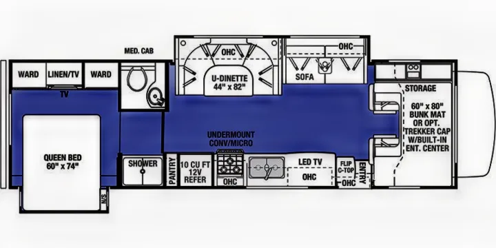 Detailed RV rental floor plan with queen bed (60"x74"), U-dinette (44"x82"), full kitchen, and bath layout.. Forest River Sunseeker Classic 2020