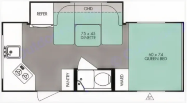 RV rental floor plan: Top-down view of a compact interior with kitchen, dinette, bath, and queen bed.. R-Pod Hood River Edition 2015