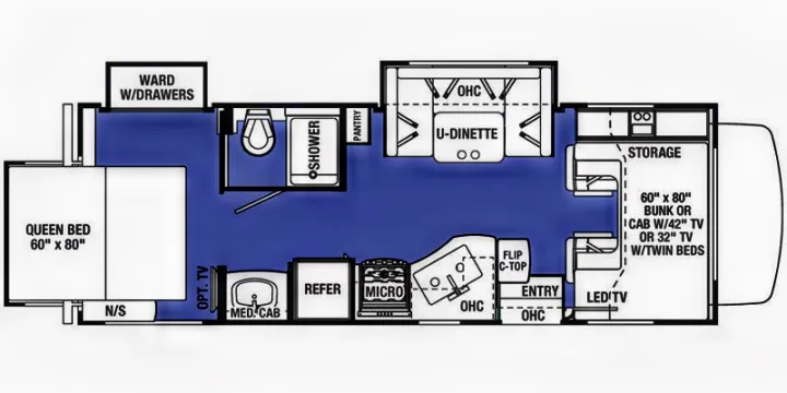 RV rental floor plan detailing a spacious layout with queen bed, bath, U-dinette, kitchen, and versatile bunk beds.. Forest River Sunseeker 2016