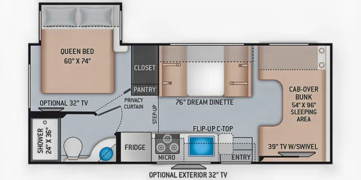 This RV rental floor plan shows a queen bed, cab-over bunk, 76" dinette, kitchen, and bathroom layout for travel.. Thor Freedom Elite 2022