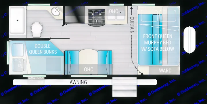 An RV rental floor plan shows kitchen, bath, double queen bunks, and a front queen Murphy bed with sofa below.. Heartland RVs Mallard 2022