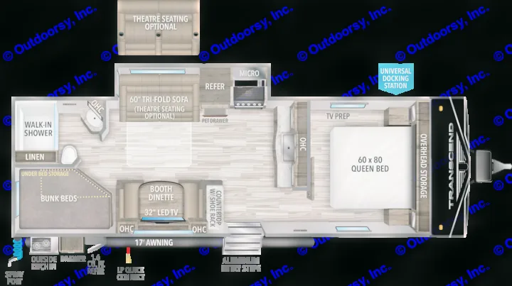 This RV rental floor plan diagram shows a queen bed, bunk beds, kitchen, bath, dinette, and sofa for spacious living.. Grand Design Transcend Xplor 2022