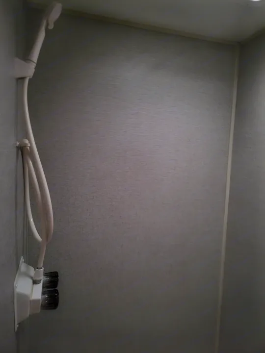 Compact RV rental shower fixtures: white shower head, hoses, and water controls.. Aspen Trail LE 2020