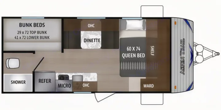 RV rental floor plan: Aspen Trail layout with a queen bed, bunk beds, dinette, kitchen, and bathroom.. Aspen Trail LE 2020