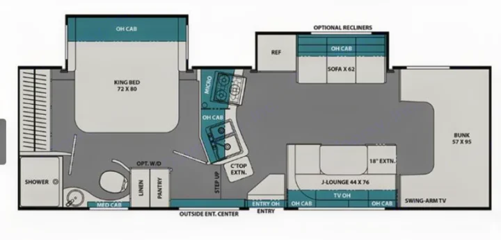 RV rental floor plan: spacious layout with king bed, bunk beds, kitchen, and full bathroom.. COACHMEN LEPRECHAUN 2021