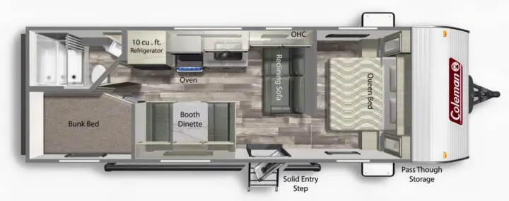 Detailed RV rental floor plan shows a spacious travel trailer interior layout with queen bed, bunks, kitchen, & dinette.. Dutchmen Coleman Lantern LT 2022