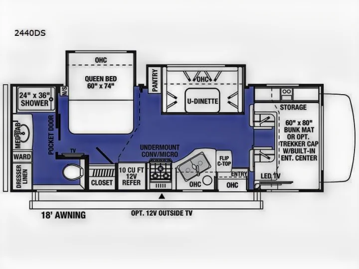 Detailed 2440DS rv rental floor plan: Queen bed, U-dinette, bath, kitchen, and bunk options for comfortable travel.. Forest River Sunseeker 2023