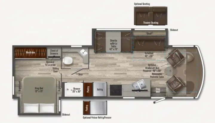 Detailed RV rental floor plan showing a king bed, dinette, sofa/bed, full kitchen, and bathroom. Spacious layout for travel.. Winnebago Sunstar 2022