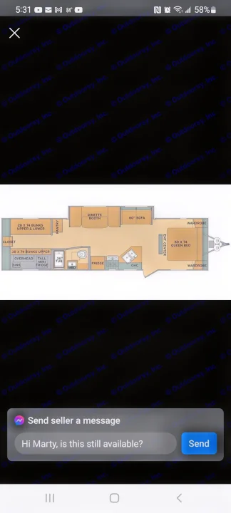 RV rental camper layout: detailed floor plan with bunks, queen bed, kitchen, bath, dinette, and sofa. Inquire availability.. Forest River Shasta 2019