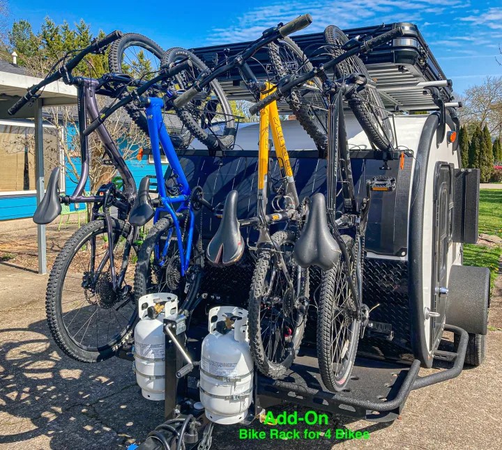RV rental: Teardrop camper with custom bike rack holding 4 mountain bikes and two front-mounted propane tanks.. Bean Trailer Bean Stock 2022